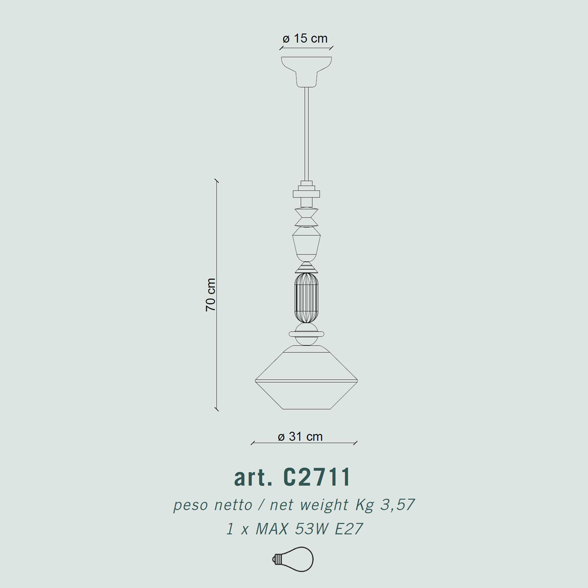 Lariat C2711 Hängelampe aus Glas von Ferroluce