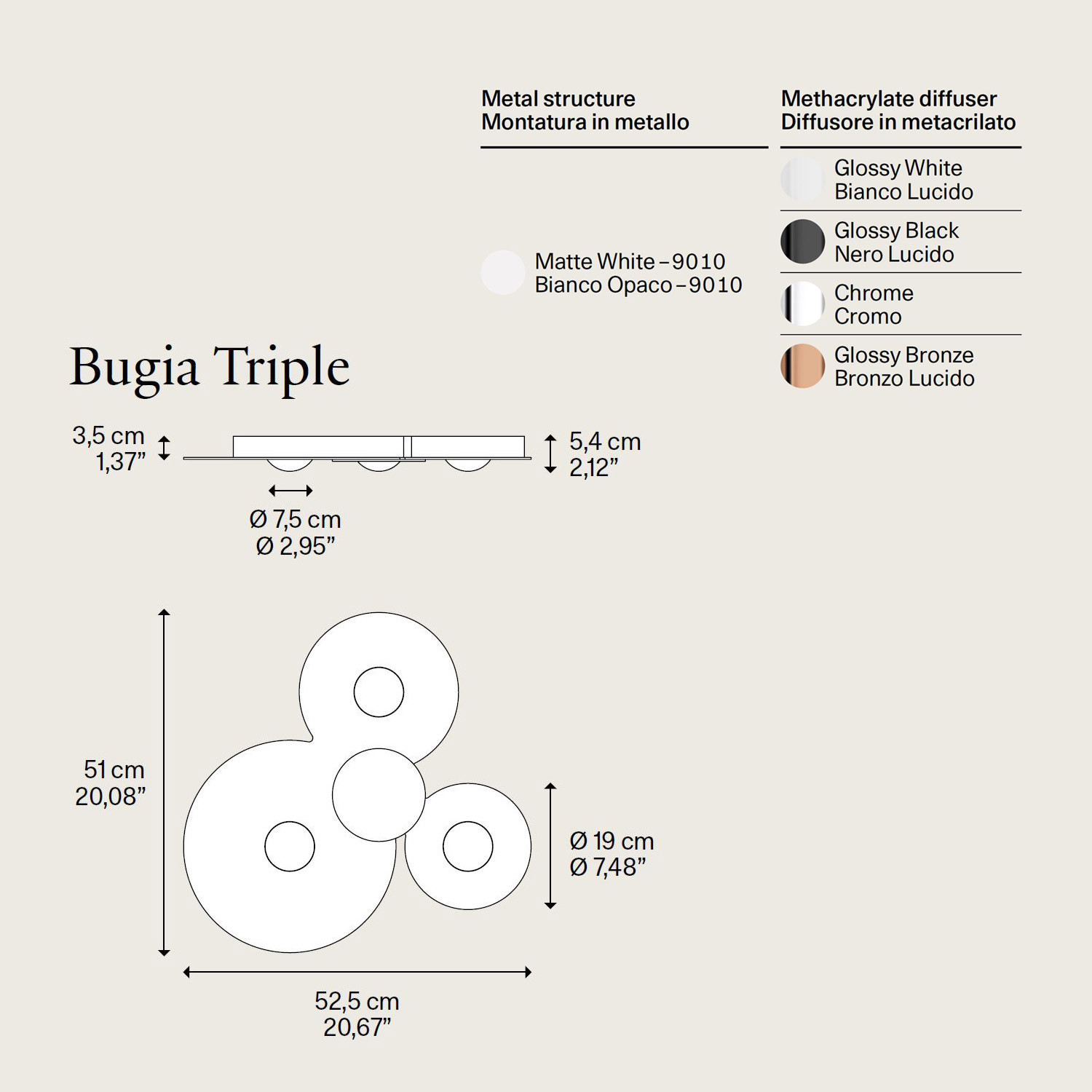 Bugia Triple plafoniera con LED di Lodes