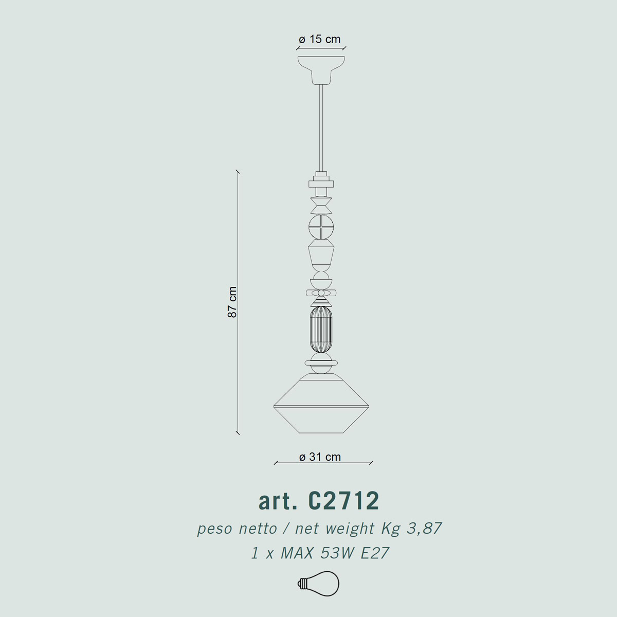 Lariat C2712 Pendellampe aus Glas von Ferroluce